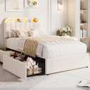 GarveeHome Twin Bed Frame, Platform Bed with Storage Headboard & Drawers
Velvet Upholstered Bed Frame for Kids, LED lights, Bookcase Headboard, No Box Spring Needed, Easy Assembly, Ivory White