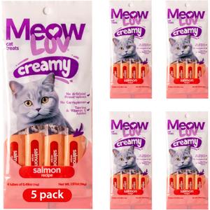 Ultra Chewy Meow Luv Lickable Cat Treats Salmon Flavor Squeeze Tubes Carrageenan Free, No Artificial Preservatives Prebiotic Fiber, L-Taurine & Milk Thistle 0.5 oz Tubes, Pack of 5 (EXP 04/30/27)