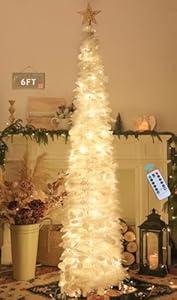 HMASYO 6 FT Pop Up Christmas Tree with 100 LED Lights & Remote, White Christmas Tinsel Tree, Collapsible Artificial Pencil Tree for Home Office Party Decor, USB Powered Timer Lights, Easy Assembly