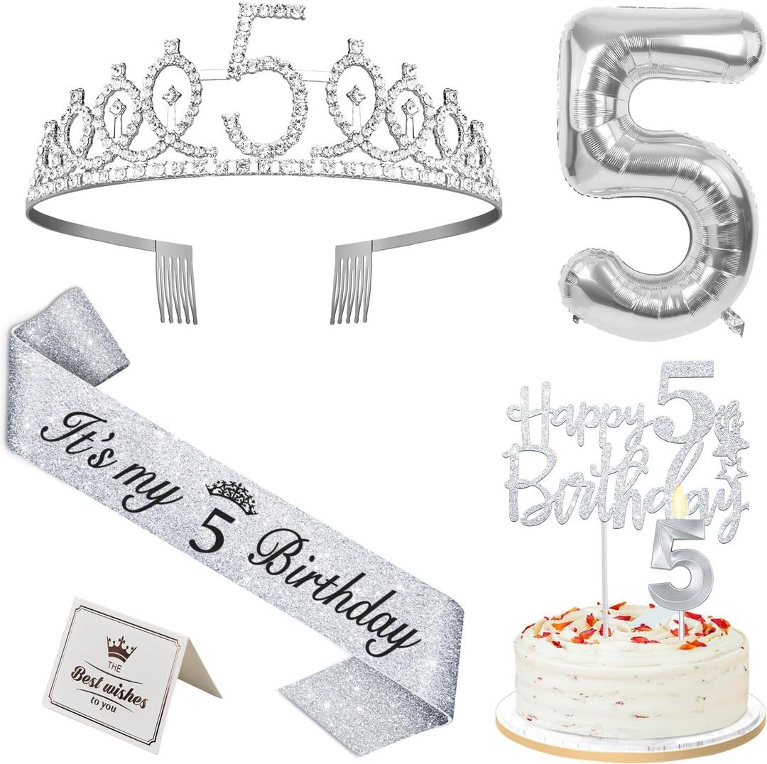 5th Birthday Decorations for Girls Silver with 5th Birthday Sash and Tiara, Cake Topper and Candle, Silver Number Balloon, 5 Year Old Gifts for Girls