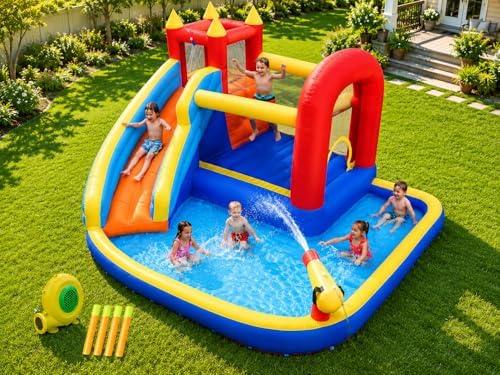 Inflatable Water Slide Bounce House with Splash Pool, Jumping Area, Climbing Wall & Basketball Hoop, Kids Water Slide Bouncer with 450W Air Blower for Backyard Indoor Outdoor Use