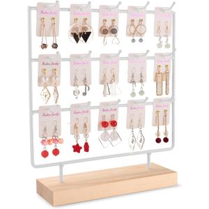 Earring Display Stand for Selling, Wood Earring Rack Tower Display Holder Stand (3 Tier,15 Hooks, White)