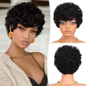 RUWISS Pixie Cut Wig Human Hair Curly Short Wigs for Black Women Glueless Pixie Human Hair Wig with Bangs for Daily Use Natural Short Bob Layered Wavy Human Hair Wigs for Black Women, Natural Black