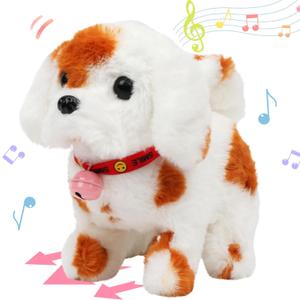 Hopearl Walking Dog with Bell Interactive Electronic Pet Plush Toy Puppy Woof and Moving Animated Nodding Head Gifts for Toddlers Birthday, Brown, 7''