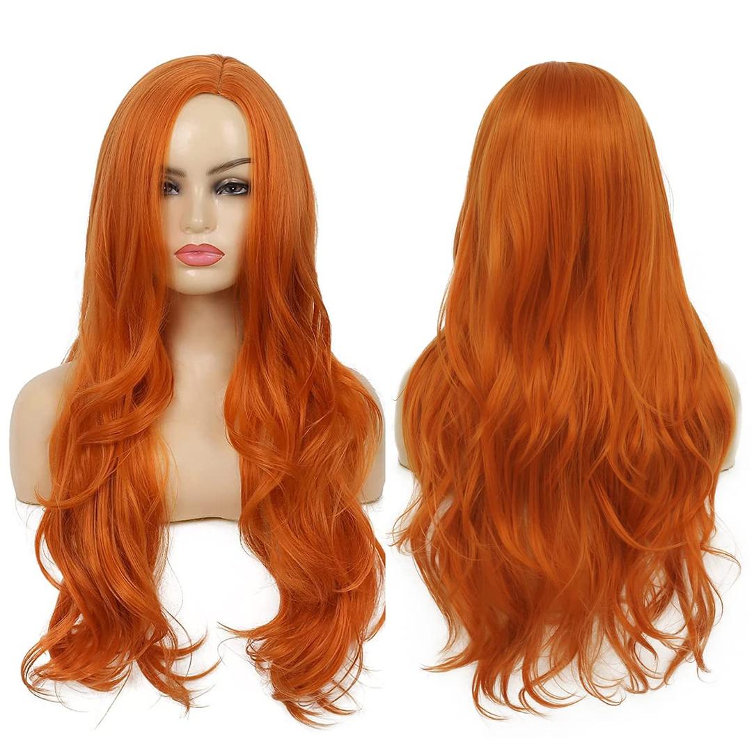 Baruisi Long Curly Wavy Orange Wigs for Women Side Part Natural Looking Synthetic Cosplay Hair Wig,Orange