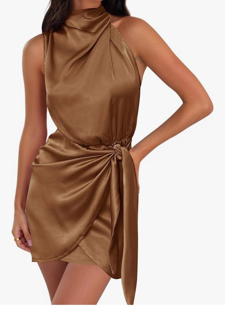 ZESICA Women's 2023 Fashion Satin Sleeveless Halter Neck Tie Waist Wrap Bodycon Cocktail Party Mini Dress, L