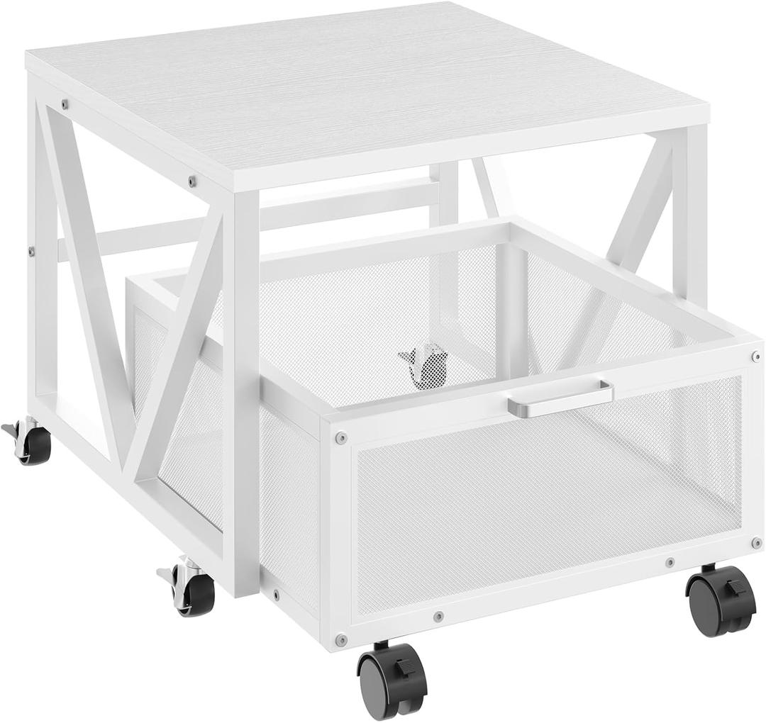 HOOBRO Mini Fridge Stand with Movable Storage Basket, Mini Fridge Cabinet with Wheels, Sturdy Metal Frame, for Home, Office, Dorm, White WW255TL01