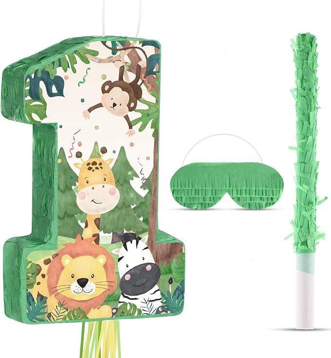 Wild One Piñata Number 1 Pull String Mini Piñata with Blindfold Bat Confetti Wild One 1st Birthday Party Decorations Safari Jungle Party Supplies 16.1 x 10.9 x 2.76 Inch