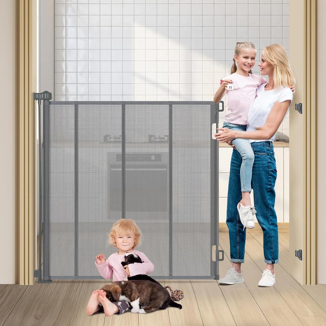 47" Extra Tall Retractable Baby Gates, Extends to 59" Wide, ExtraTall Retractable Safety Gate with Reinforced Strips, Retractable Tall Dog Gate for Doorways Mesh Baby Pet Gates Indoor, Grey 
