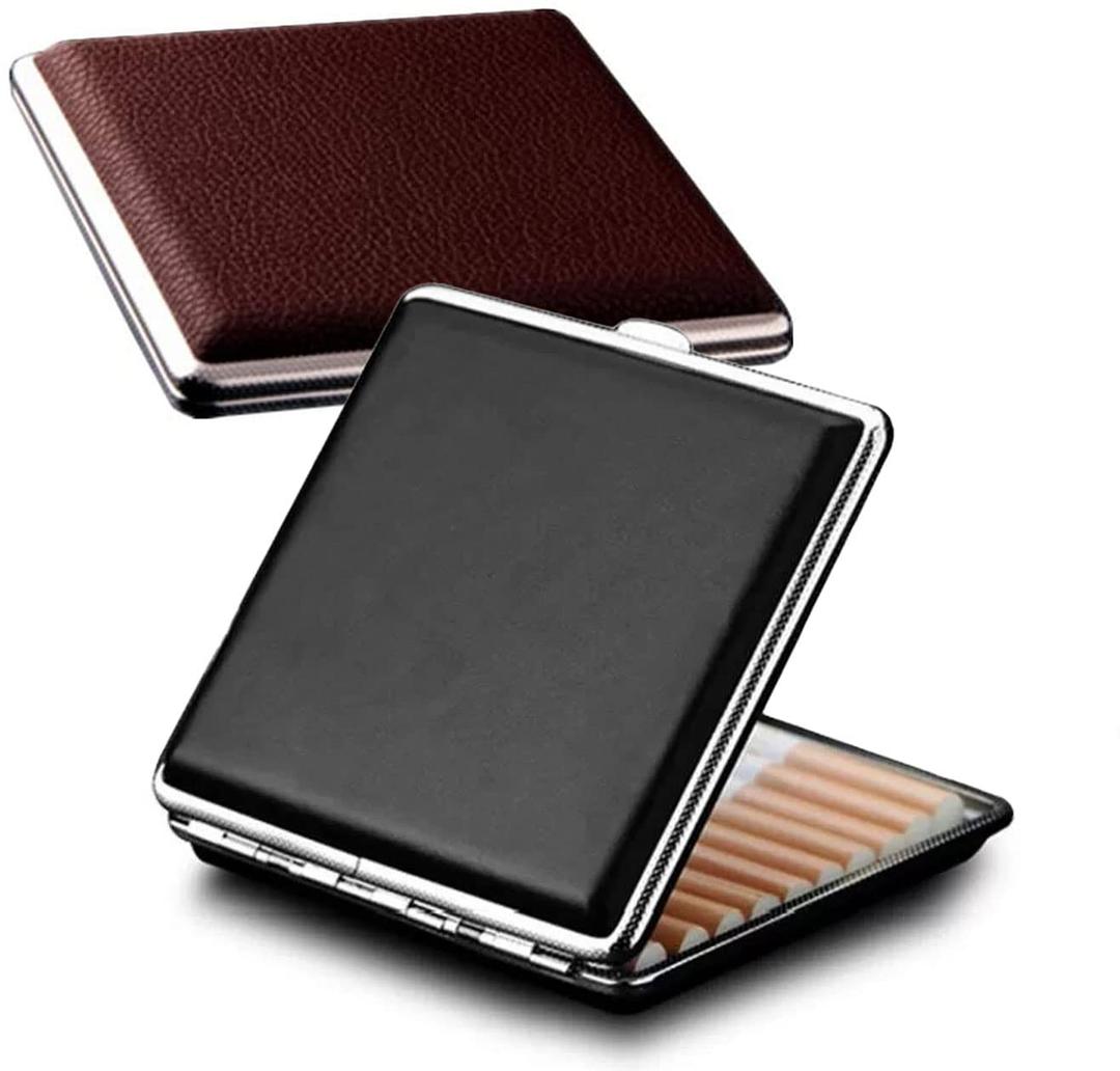 Cigarette Case Stylish Leather Surface Metal Box for 20 Cigarettes Cigarette Box for Men and Women Ideal Gift for Smoker 2 Boxes 84mm Regular Size(Black + Brown) 