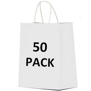 Qutuus 10x5x13 White Paper Bags 50 Pcs Gift Bags with Handles Bulk Large Paper Bags for Shopping, Retail, Merchandise, Paper Sack, White Kraft Bags