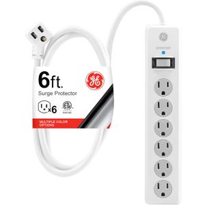 GE 6-Outlet Surge Protector, 6 Ft Extension Cord, Power Strip, 800 Joules, Flat Plug, Twist-to-Close Safety Covers, Protected Indicator Light, ETL Listed, White, 67051