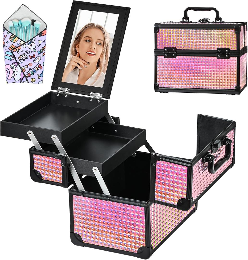 GALHUBIS Makeup Case Organizer, Makeup Train Case, Trays Cosmetic Box Portable, Profesional for Salon Barber, Black Bright Pink