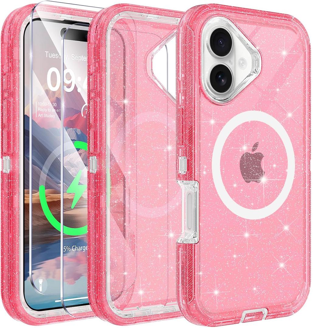 Compatible with iPhone 16 Case with Screen Protector, Shockproof, Compatible with MagSafe, 3-Layer Drop Protection, Heavy Duty Magnetic Phone Case Cover, 6.1", Pink Glitter