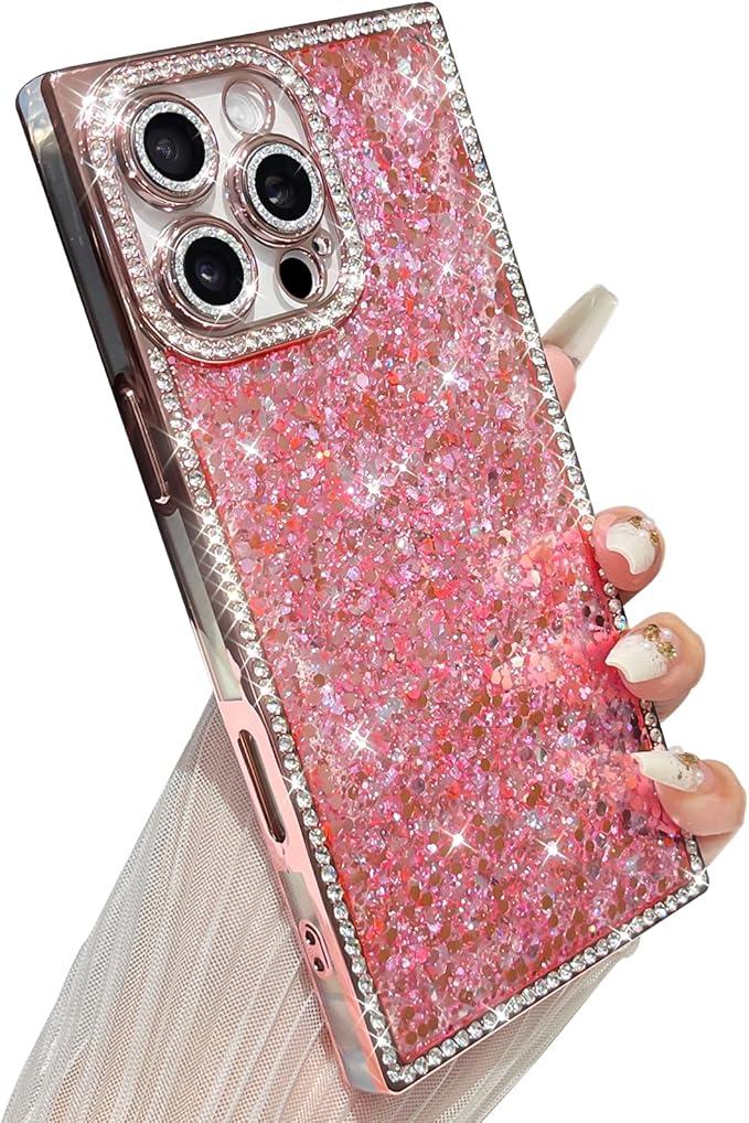 Yeddabox for iPhone 14 Pro Case Glitter, Luxury Sequin and Diamond Bumper Cover with Reinforce Corner, Soft Shockproof Protective Electroplated Case for iPhone 14 Pro for Women Girls, Pink