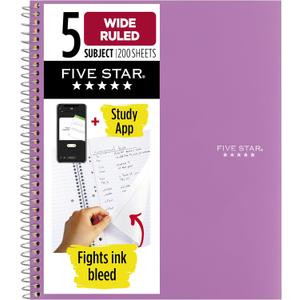 Five Star Spiral Notebook + Study App, 5 Subject, Wide Ruled Paper, 8" x 10-1/2", 200 Sheets, Fights Ink Bleed, Water Resistant Cover, Amethyst Purple (38739)