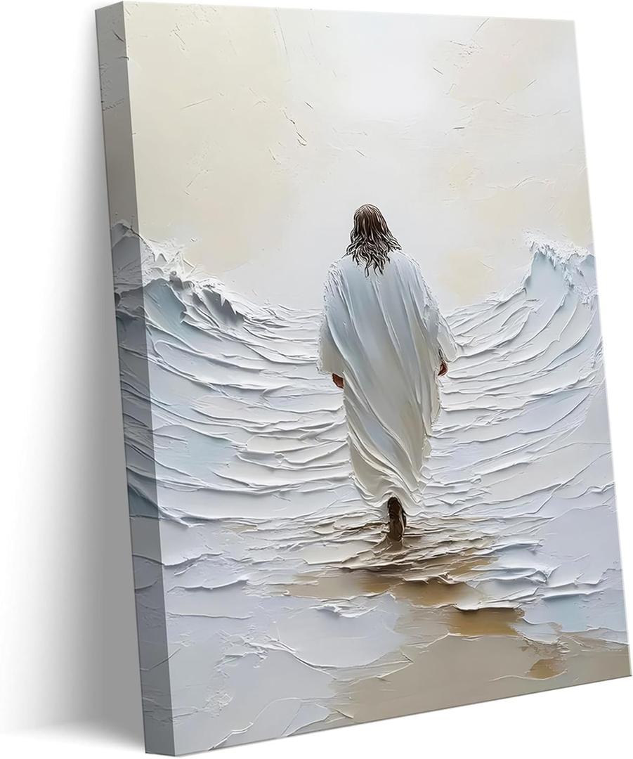 Jesus Walking On Water Canvas Wall Art Jesus Walking On Water Back Wall Decor Picturemodern Christian Bible Stories Poster Print Painting for Christian Home Decoration Prepare To Hang (16L" x 12W"-canvas)