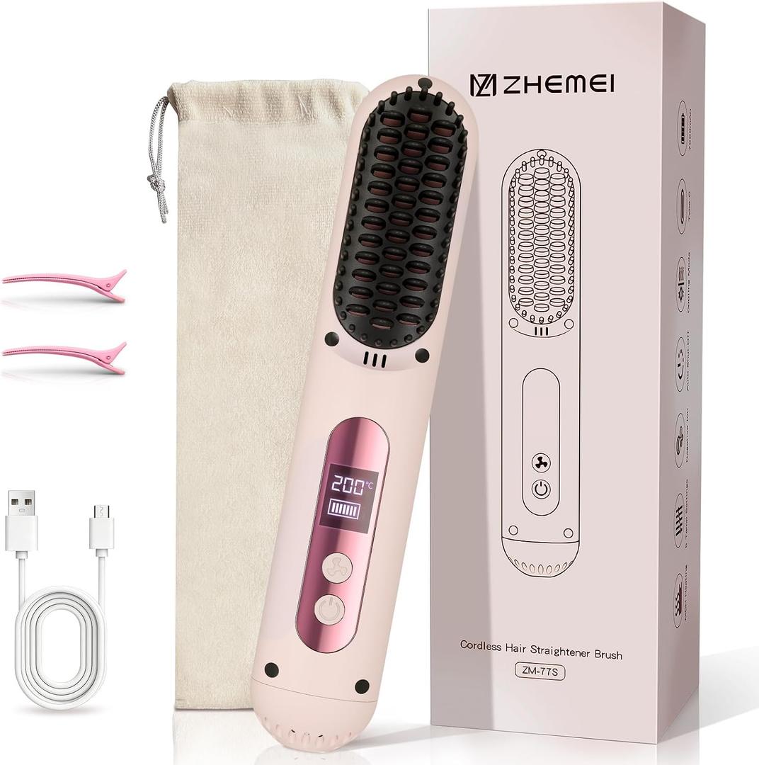 Cordless Hair Straightener Brush, Portable Hair Straightener with Cooling Mode, Negative Ions for Frizz-Free Shine & LED Display, USB-C Charging & Fast Heating, Gift for Women
