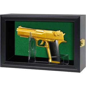 1 Handgun Pistol Revolver Gun Display Case Wall Mount Lockable Black Felt Wood Cabinet w/ 98% UV Protection Acrylic Clear Door Gun Shadow Box Stand Rack Holder