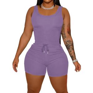 HBQ Women 2 Piece Outfits Sleeveless Tank Tops Biker Short Workout Jogger Sets Summer Light Purple M