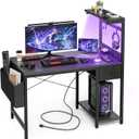 Grandder Gaming Desk 40 Inch with Power Outlet and LED Light, Computer Desk with Reversible Shelves and Storage Drawer, Pc Small Desk for Home Office Table with Bag, Carbon Fiber Black