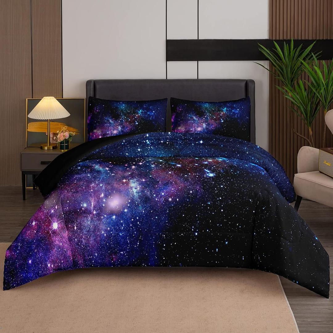 Tailor Shop 5 Pieces Galaxy Comforter Set Twin Size Space Blue and Purple Starry Sky Night Pattern Bedding Set for Girls Boys Kids Twin Size(1 Comforter, 1 Flat Sheet, 1 Fitted Sheet, 2 Pillowcases)