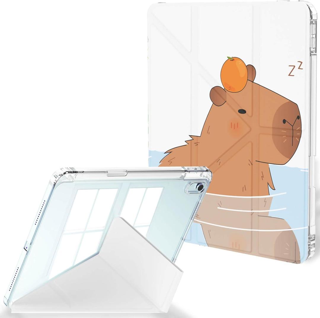 Feams Case for iPad Air 11-inch M4 2026 / M3 2025 / M2 2024, iPad Air 5th/4th Generation 2022/2020 10.9 Inch Y-Fold Standing Case Clear Back with Portrait Stand & Pencil Holder, Capybara