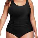 Daci Women Black Plus Size One Piece Swimsuit Athletic Tummy Control Ruched Bathing Suit with U-Back XL