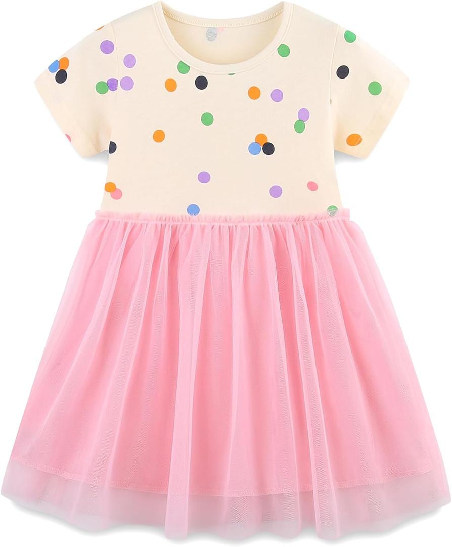Little Girls Cotton Dresses Flutter Short Sleeve Summer Dress for 2-7 Years Old (3-4T, Tutu-multicolor Dots Pink)