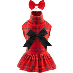 CuteBone Turtleneck Dog Christmas Dress Velvet Puppy Skirt Costume Pet Clothes Cat Apparel with Bow Hair Rope for Small Dogs CVD05M