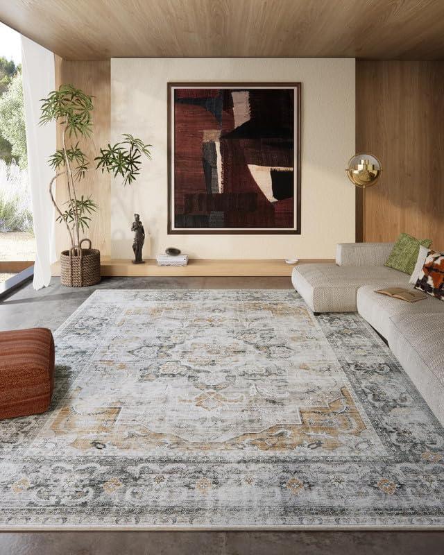 8x10 Area Rugs Washable Rug: Large Living Room Rug Stain Resistant Distressed Vintage Boho Rug Non Slip Low Pile Faux Wool Soft Area Rug for Bedroom Bedside Indoor Kids Playroom Farmhouse Dining Room (Grey and Orange)