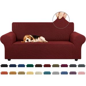 KEKUOU Stretch Loveseat Sofa Slipcover 1 Piece Couch Sofa Cover (55"-79") Furniture Protector 2 Seater Sofa with Elastic Bottom for Kids, Pet.Jacquard Small Checked Pattern Fabric(Medium, Dark Red)