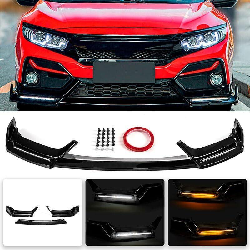 Front Bumper Lip W/Light Compatible with 2017-2021 Honda Civic Hatchback & Si, Air Dam Spoiler Splitter with LED Daytime Running Lights Fit for 2017 2018 2019 2020 2021 (Glossy Black)