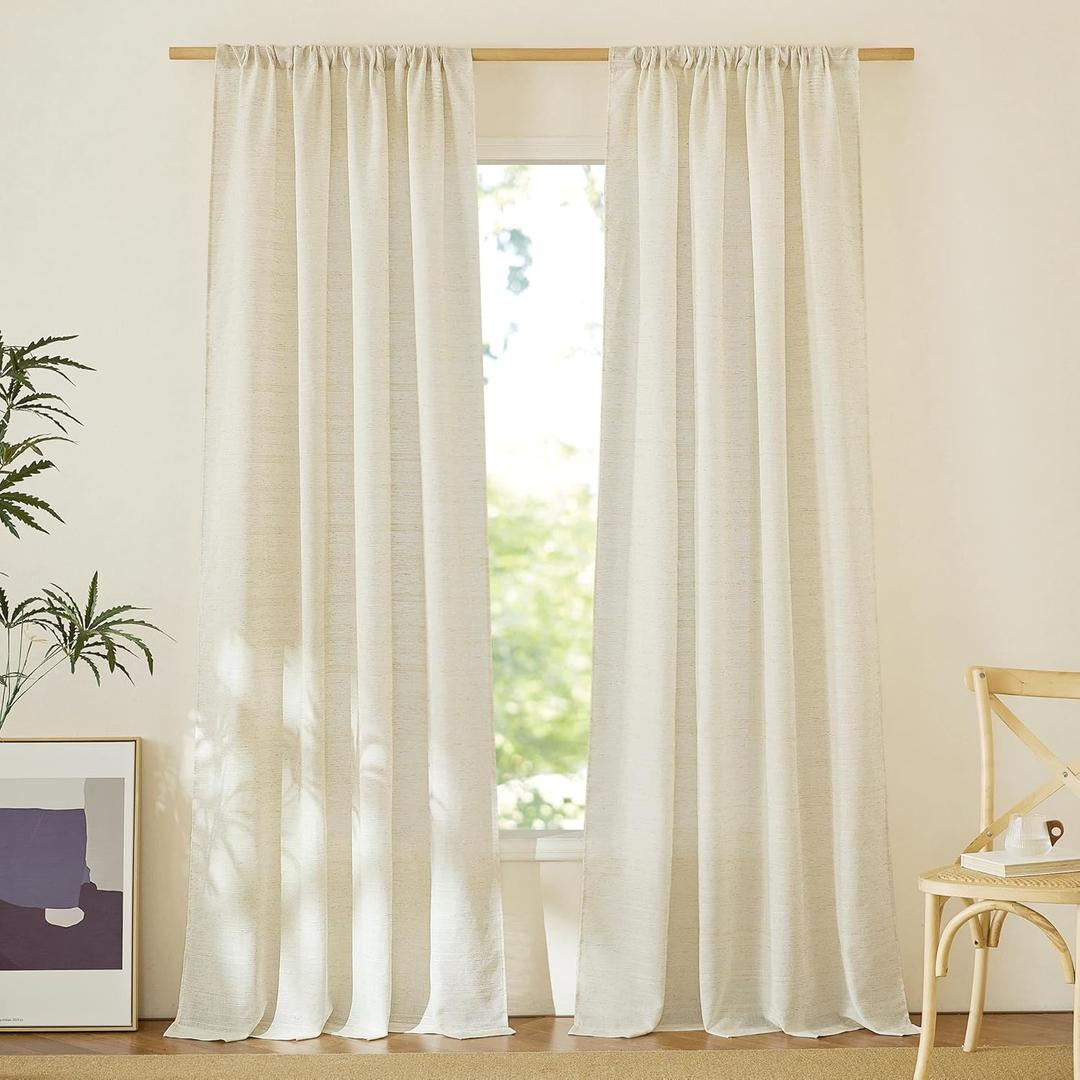 NICETOWN Living Room Curtains 96 inches Long, Pocket Top Stripe Pattern Weave Semi Sheer Linen Window Treatments Privacy with Light Through for Bedroom, Natural, W52 x L96, 2 Panels