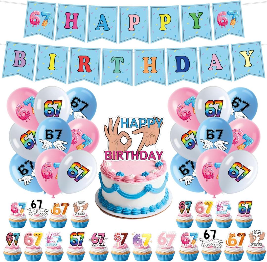 67 Birthday Decorations, 6 7 Themed Birthday Party Supplies Include Happy Birthday Banner, Balloons, Cake Toppers and Cupcake Toppers for Boy Girl Party Decor