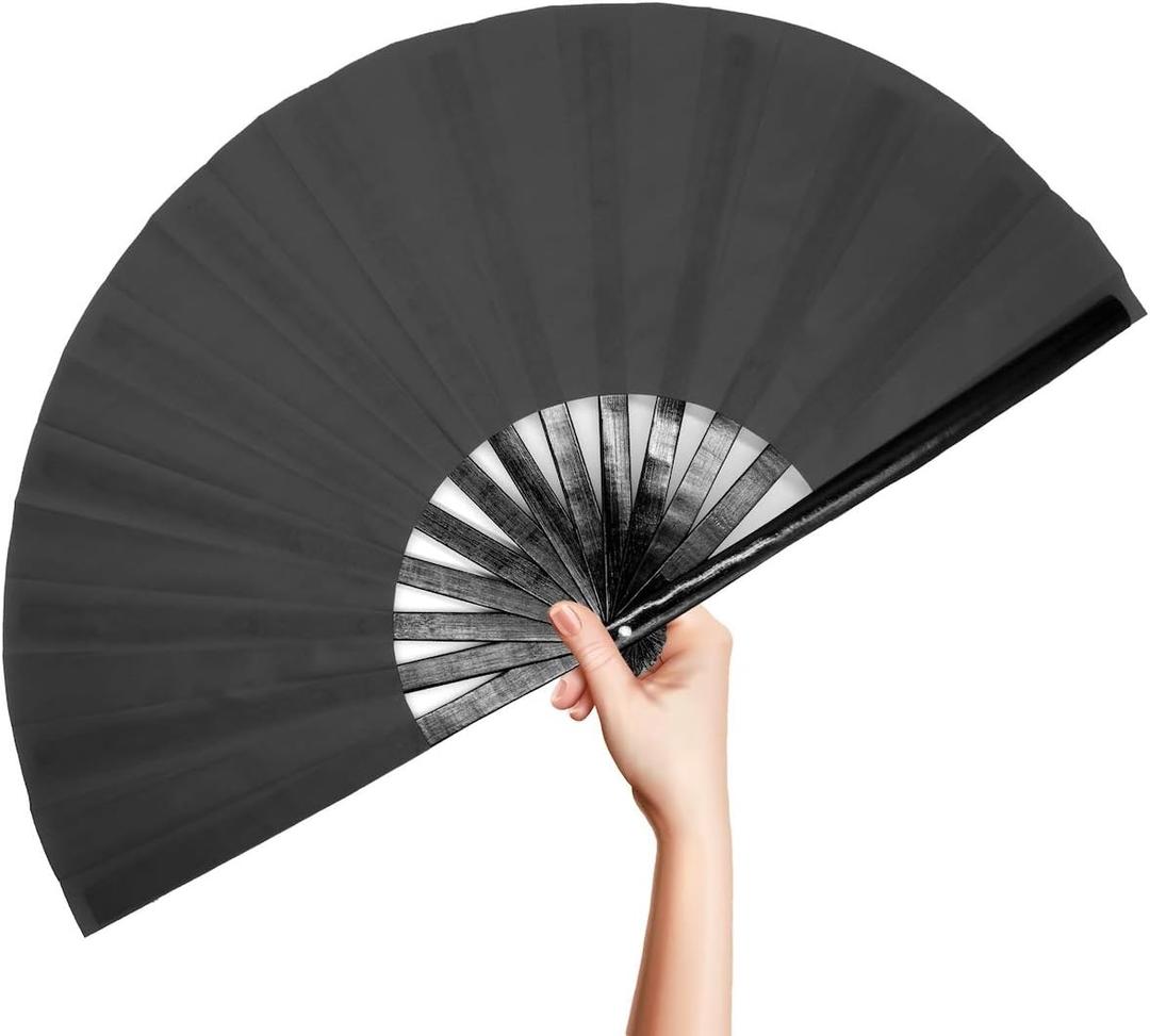 OMyTea Bamboo Large Rave Folding Hand Fan for Men/Women - Chinese Japanese Kung Fu Tai Chi Handheld Fan with Fabric Case - for Performance, Decorations, Dancing, Festival, Gift (Black)