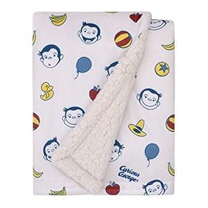 Welcome to The Universe Baby Curious George White, Blue, Red, and Yellow Balloons, Bananas and Hats Super Soft Sherpa Baby Blanket