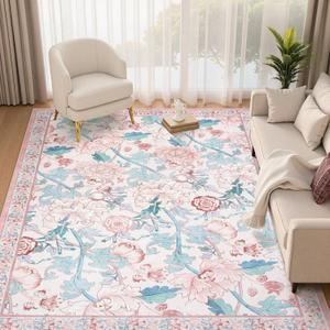 Collive 8x10 Area Rugs, Pink Floral Machine Washable Rug for Living Room, Non-Slip Low Pile Flower Stain Resistant Carpet for Girls Bedroom Kids Playroom Nursery Dining Home Decor
