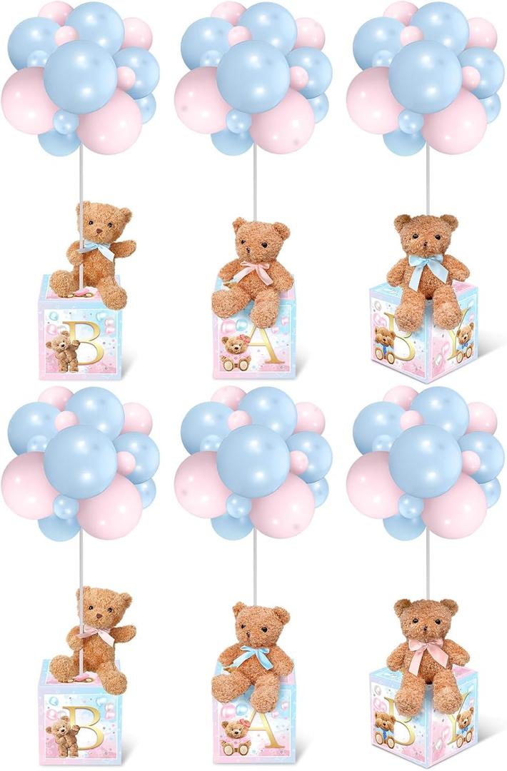 Lenwen 6 Sets Pink Blue Bear Baby Shower Decorations for Gender Reveal, Letter Boxes Baby Shower Table Centerpieces Bear Stuffed Animals Balloon with Stand Plush Toy Boxes for Birthday Party Wedding