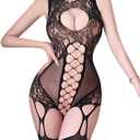 Womens Fishnet Bodystocking Crotchless Bodysuit Sexy Tights Soft Nightwear Naughty Lingerie One Size (Black)