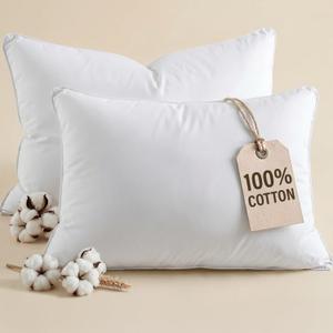 100% Cotton Bed Pillows - Standard Size Set of 2 - Super Soft, Breathable Down Alternative Polyester for Back & Stomach Sleepers - Low Density, Low Loft Support & Machine Washable - 20" x 40" (White)