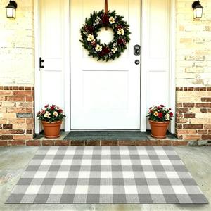 SEEKSEE Buffalo Plaid Outdoor Rug 3' x 5' Gray and White Front Door Mat, Layering Rug for Porch, Washable Doormat, Front Porch Rug for Outdoor Entrance Entryway Patio Porch Decor