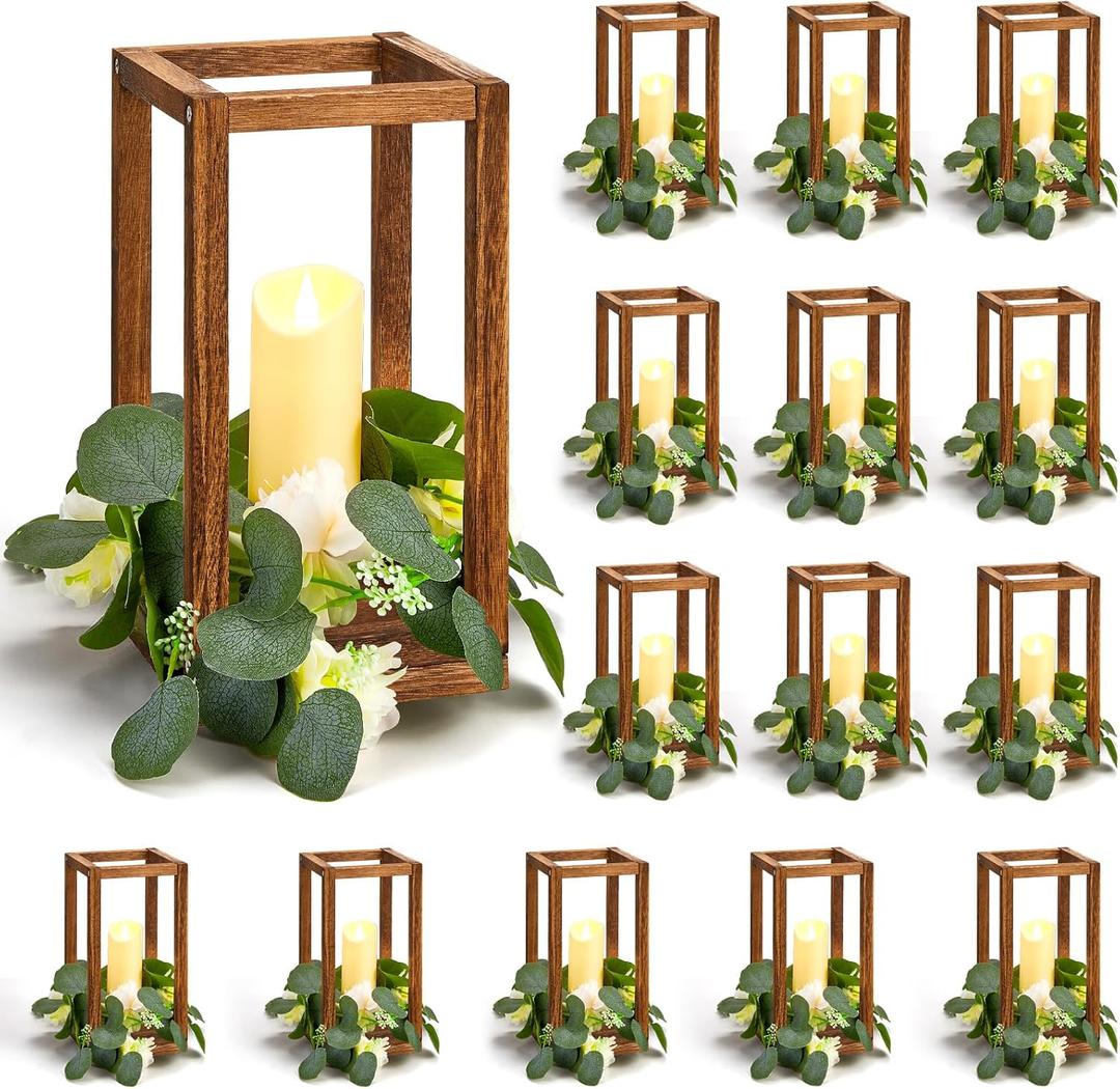 Sabary 45Pcs/15 Set Wooden Wedding Lantern Centerpiece, Include 15 Candle Holder 15 LED Candle 15 Eucalyptus Leave Wreath for Rustic Wedding Table Decoration, Country Barn Table Valentine Decor, Party