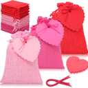Wesnoy 24 Set Small Valentines Gift Bags with Drawstring Burlap Treat Bag Red Pink Hot Pink Goodie Bags with Heart Tags Jute Rope 4" x 5.5" Sack for Valentines Galentine's Day Wedding Party Favor