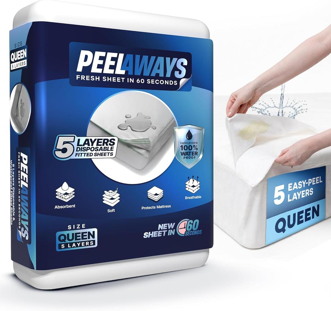Peelaways Incontinence Bed Sheets & Waterproof Mattress Protector 5-Layer Disposable Fitted Sheets for Elderly, Caregivers & Bedwetting | Soft, Breathable, Leak-Proof | Queen 80"x60"x12"