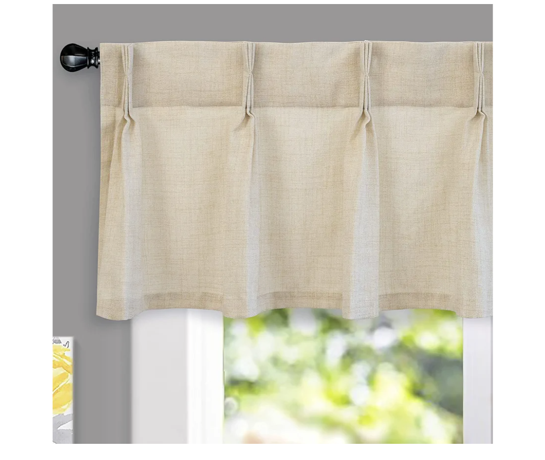 DriftAway Pinch Pleat Valance for Kitchen Window Faux Linen Textured Solid Beige Valance for Living Room 16 Inch Light Filtering Farmhouse Linen Curtain Valance Window Treatment Back Tab 50x16 Beige