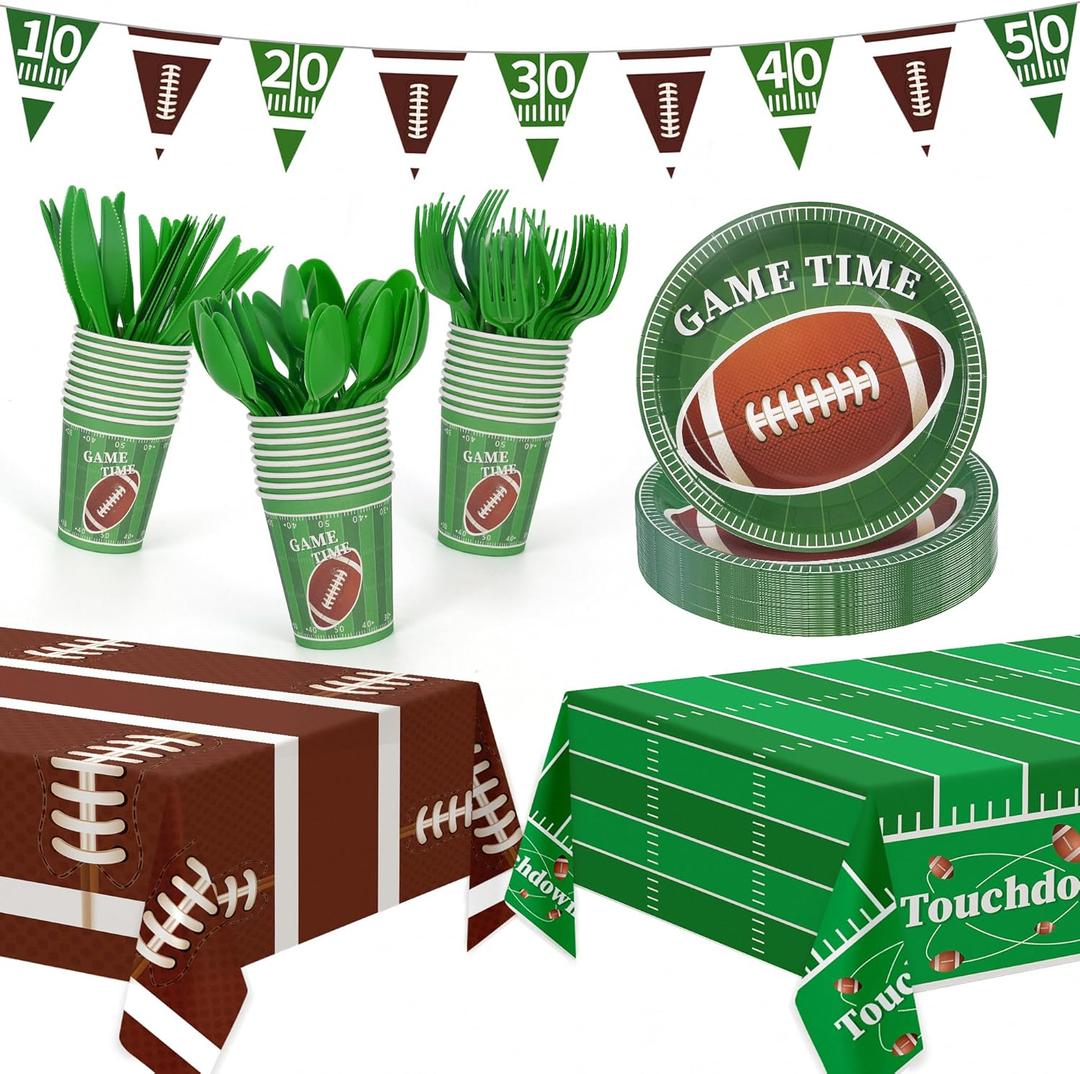 Football Party Decorations,133Pcs Football Party Supplies Set Disposable Footballs Birthday Plates Cups Knives Spoons Fork Banner and Tablecloth,Footballs Parties Supplies for Home,Dinner,Birthday