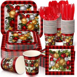 350 Pcs Christmas Paper Plates and Napkins Set 9 Inch 7 Inch Disposable Durable Dinnerware Holiday Xmas Party Supplies Tableware Serve 50 Guest Cups Knife Forks Spoon(Red,Christmas Tree)