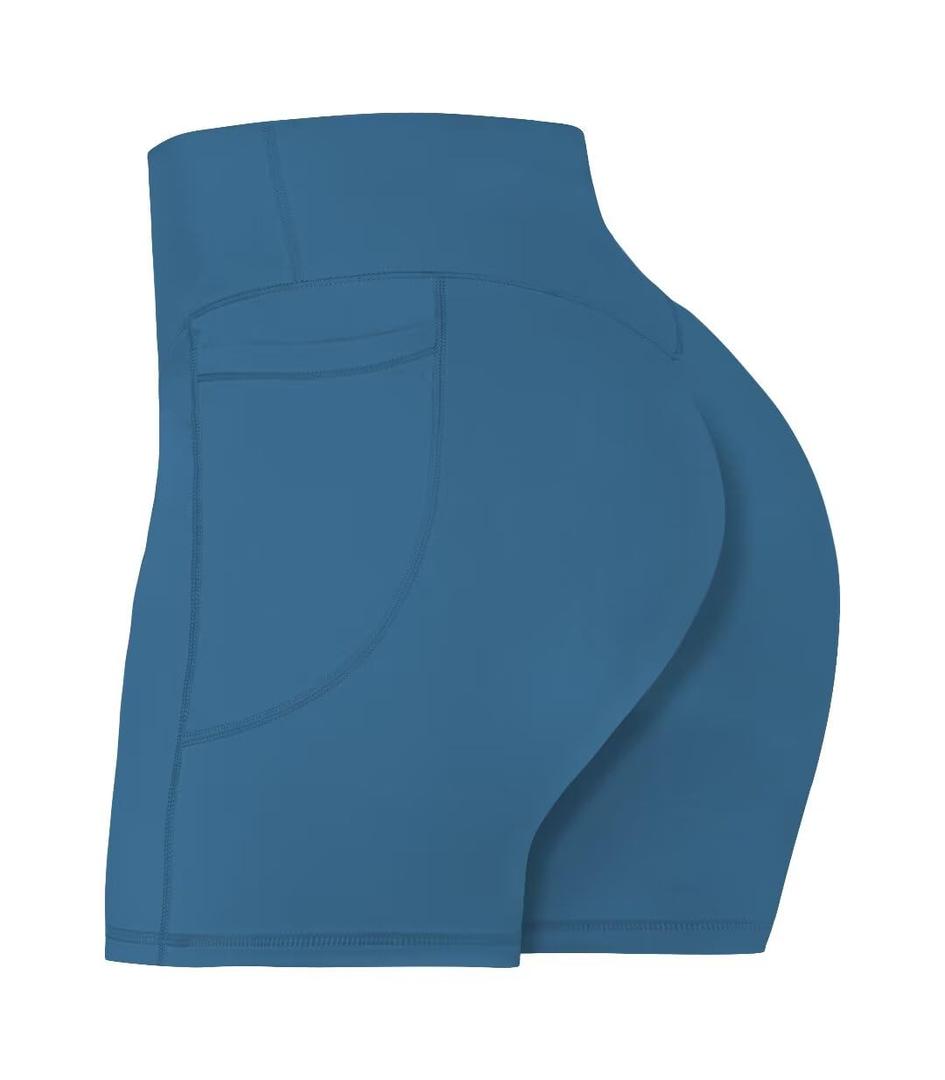 Sunzel No Front Seam Biker Shorts for Women with Pockets, Yoga Workout Gym Bike Shorts with Tummy Control 5" Inseam Blue Gray Small