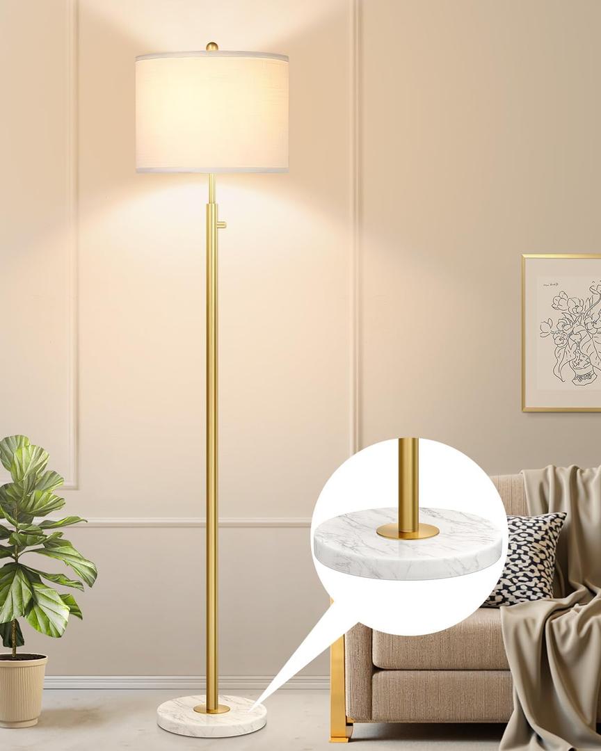 Upgraded Dimmable Gold Floor Lamps for Living Room, 11W LED Bulb Included, Modern Standing Lamp with Marble Base, Tall Pole Light with White Linen Shade for Bedroom Reading Office Corner Nursery